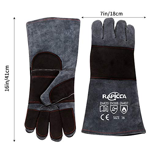Leather Welding Gloves – Extreme Heat & Abrasion Resistant, BBQ Grilling Mitts W/Reinforced Thumb Strap (16-inch, Black/Dark Grey)