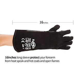 RAPICCA Fireplace Leather Gloves with Kevlar Stitching,Perfect for Wood Stove/Grilling Black 16in