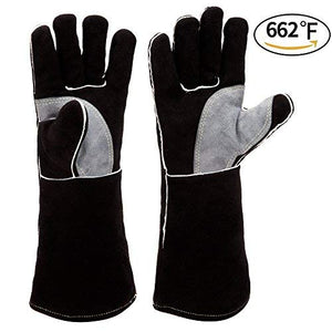 RAPICCA Fireplace Leather Gloves with Kevlar Stitching,Perfect for Wood Stove/Grilling Black 14in
