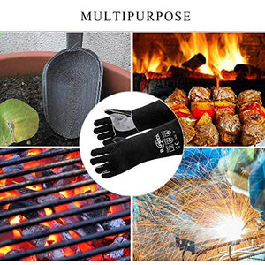 RAPICCA Fireplace Leather Gloves with Kevlar Stitching,Perfect for Wood Stove/Grilling Black 14in